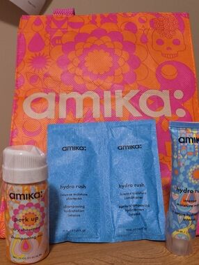 amika Pink & Orange Reusable Cosmetic Tote with Blue Sachets